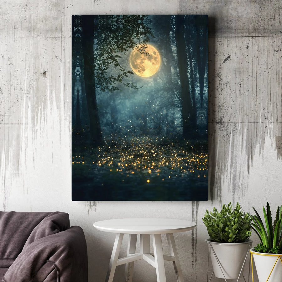 Enchanted Forest Canvas Wall Art | Mystical Full Moon & Fireflies Scene | Premium Gallery Wrapped Canvas | Modern Fantasy Home Decor Gift