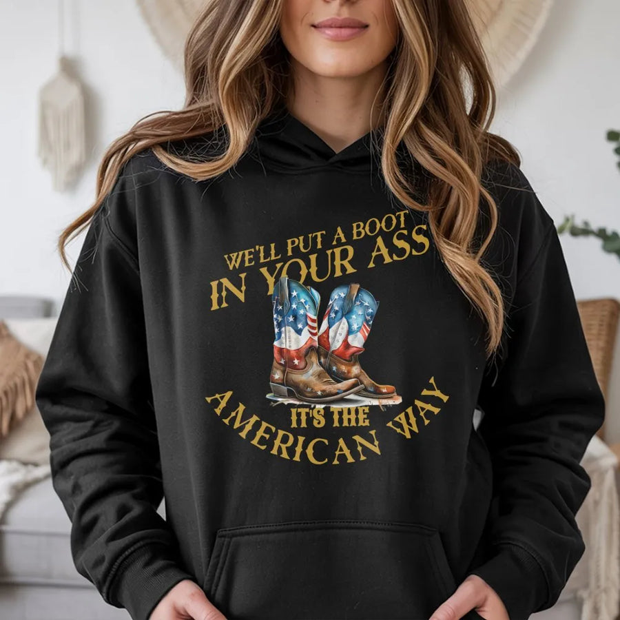 American Flag Cowboy Boot Hoodie | Patriotic Southern Pride Graphic | Premium Cotton Blend Fleece | Gift for Country Music Fans