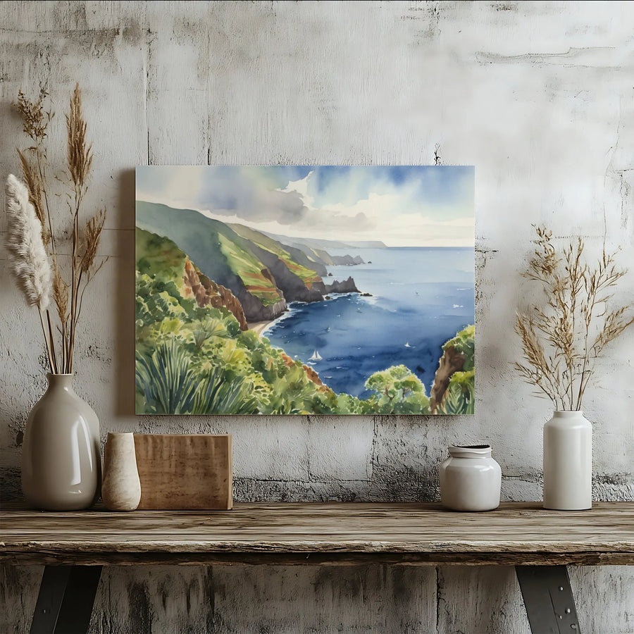 Coastal Seascape Canvas Wall Art | Watercolor Cliffside Painting Print | Premium Gallery-Quality Canvas | Beach House Living Room Decor Gift