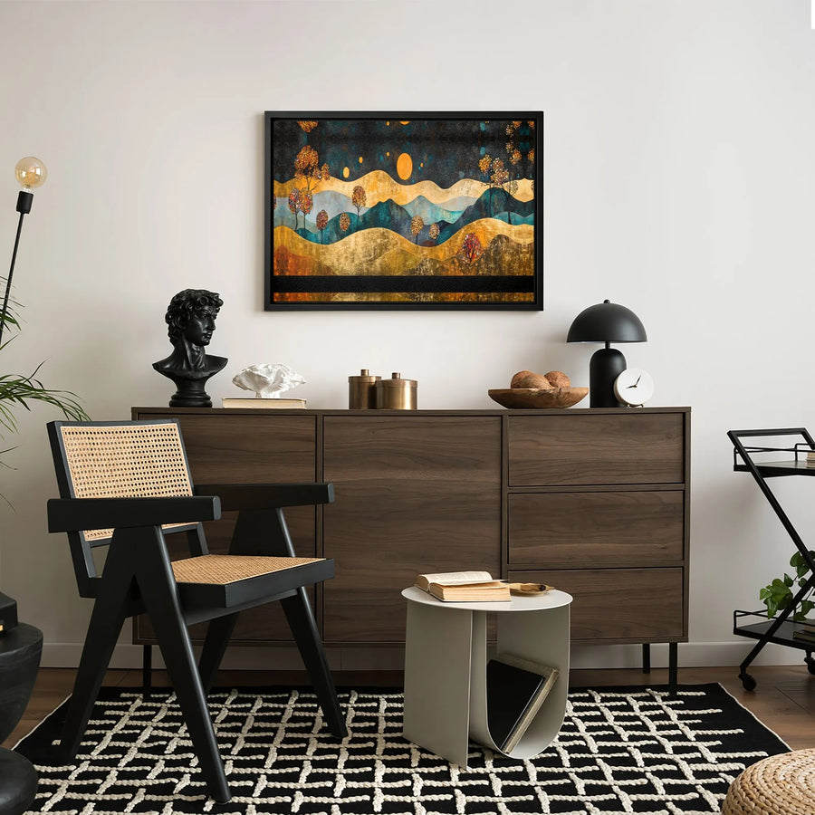Abstract Gold and Teal Landscape Canvas | Modern Rolling Hills Night Scene | Premium Fade-Resistant Wall Art | Elegant Home & Office Decor Gift