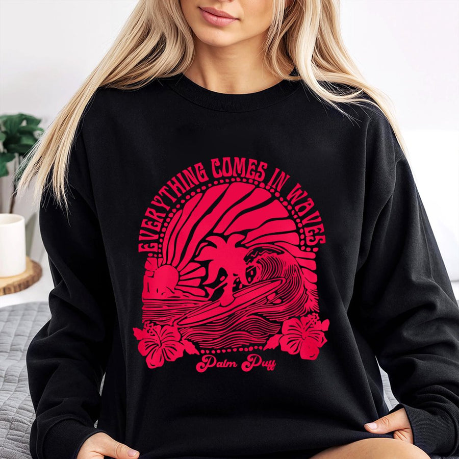 Surfing Graphic Sweatshirt | Everything Comes In Waves Retro Design | Premium Cotton Blend | Gift For Beach Lovers And Surfers