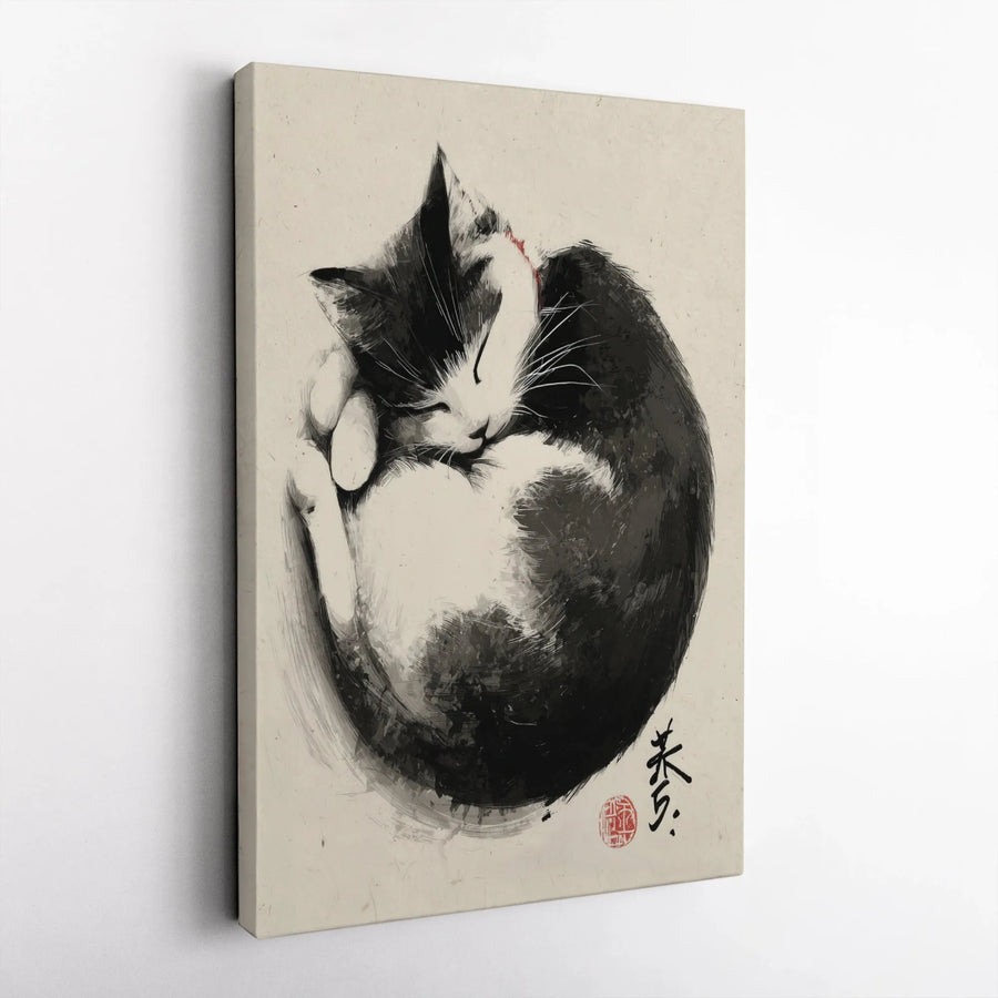Sleeping Cat Canvas Wall Art | Sumi-E Ink Wash Style Print | Premium 1.25" Gallery Wrap | Zen Home Office Decor Gift for Cat Lovers
