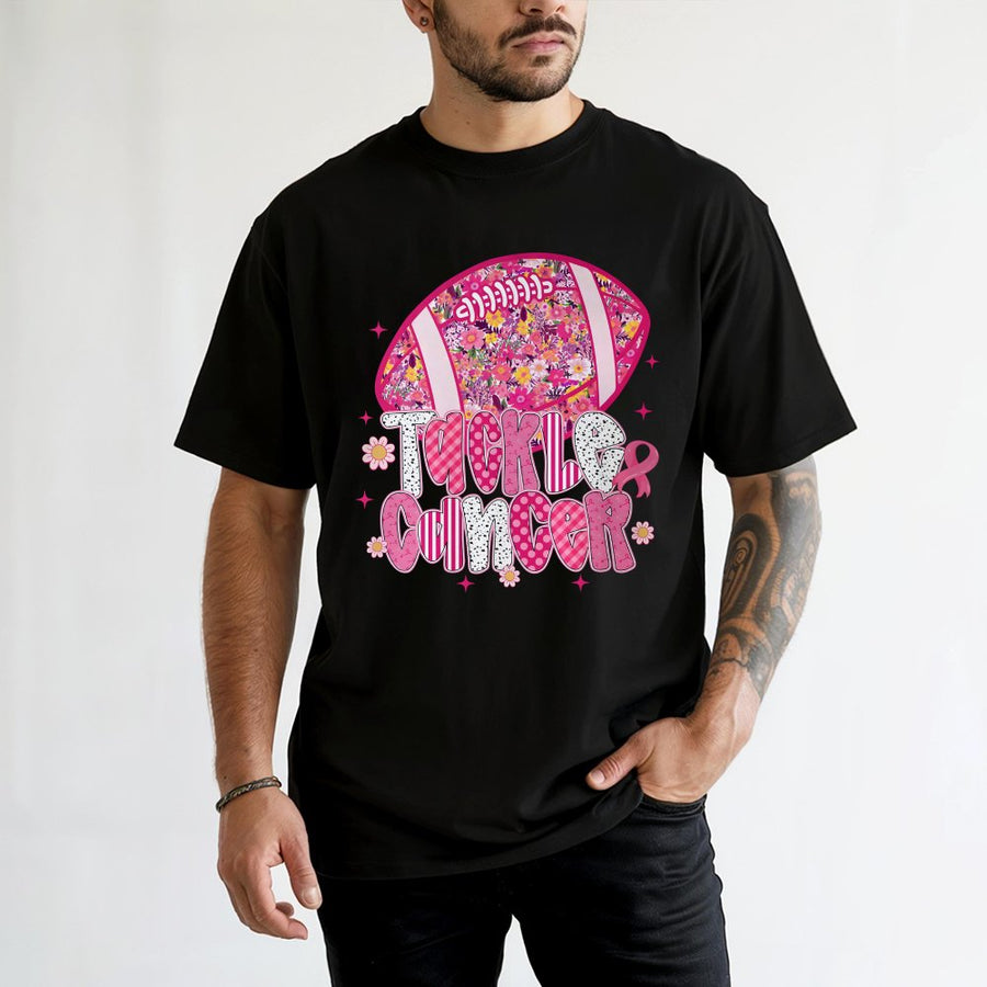 Tackle Cancer Football T-Shirt | Pink Ribbon Floral Design | 100% Cotton Premium Tee | Breast Cancer Awareness Gift For Survivors & Supporters