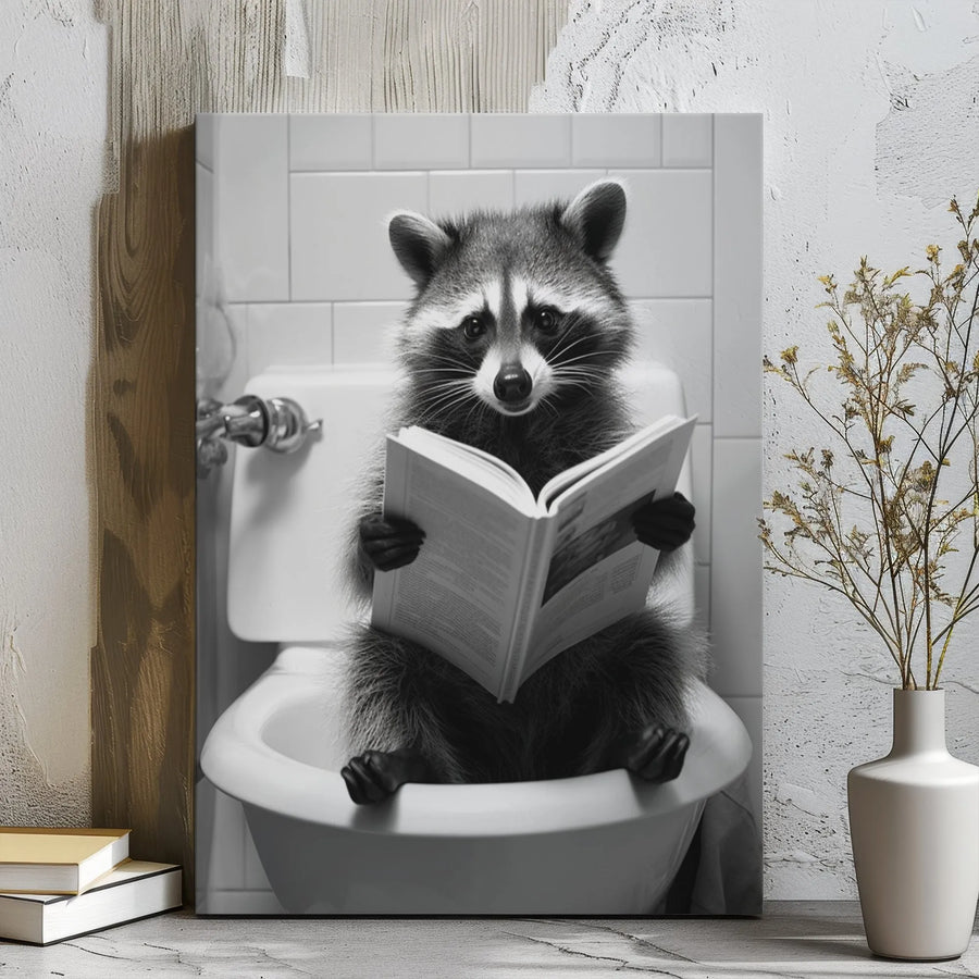 Raccoon Reading Book on Toilet Canvas | Funny Bathroom Wall Art | Premium Gallery Wrap Print | Whimsical Home Decor Gift