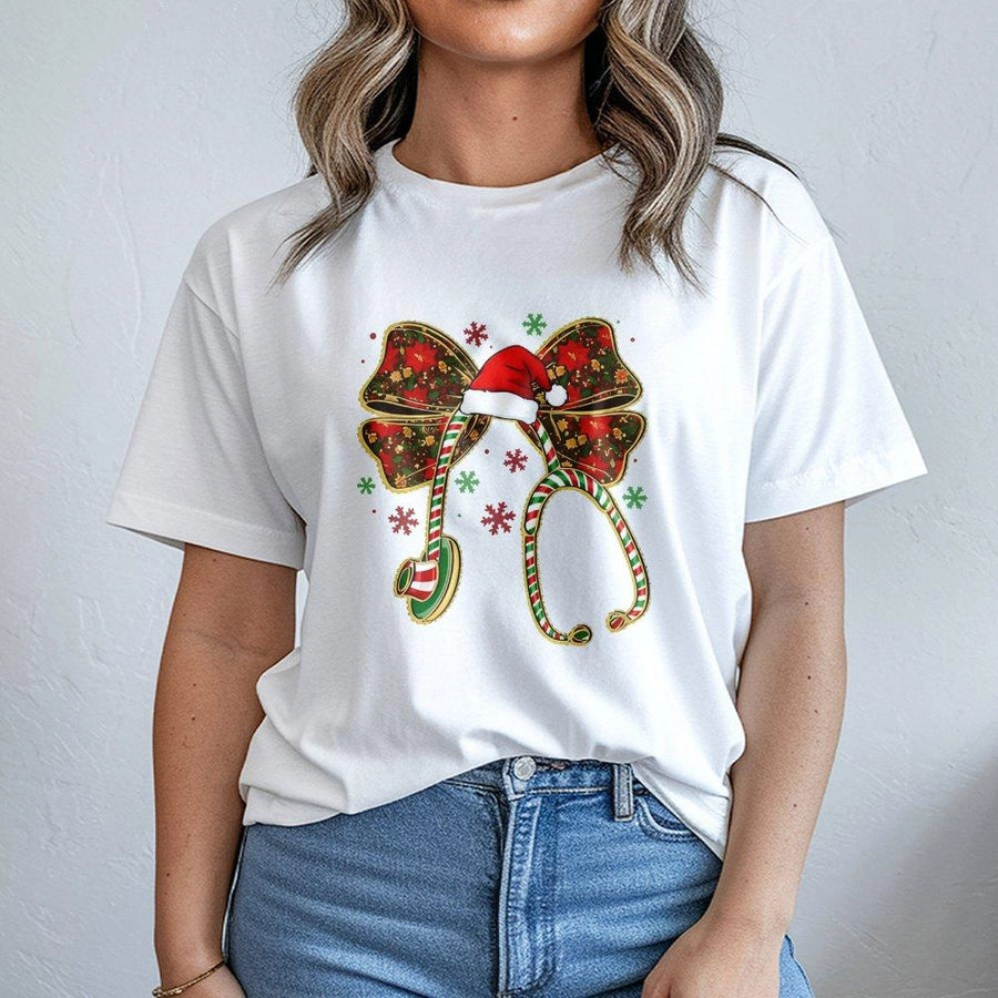Christmas Nurse T-Shirt | Festive Stethoscope Bow Graphic | Soft 100% Cotton Premium Tee | Unique Holiday Gift for Nurses & Nursing Students