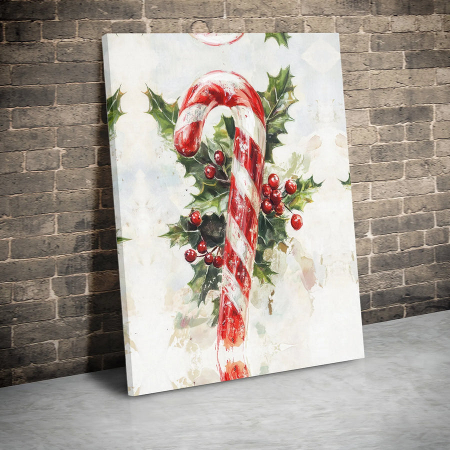 Christmas Candy Cane Canvas Wall Art | Festive Watercolor Holly Berries Decor | Premium Gallery Wrap Print | Holiday Home Office Gift