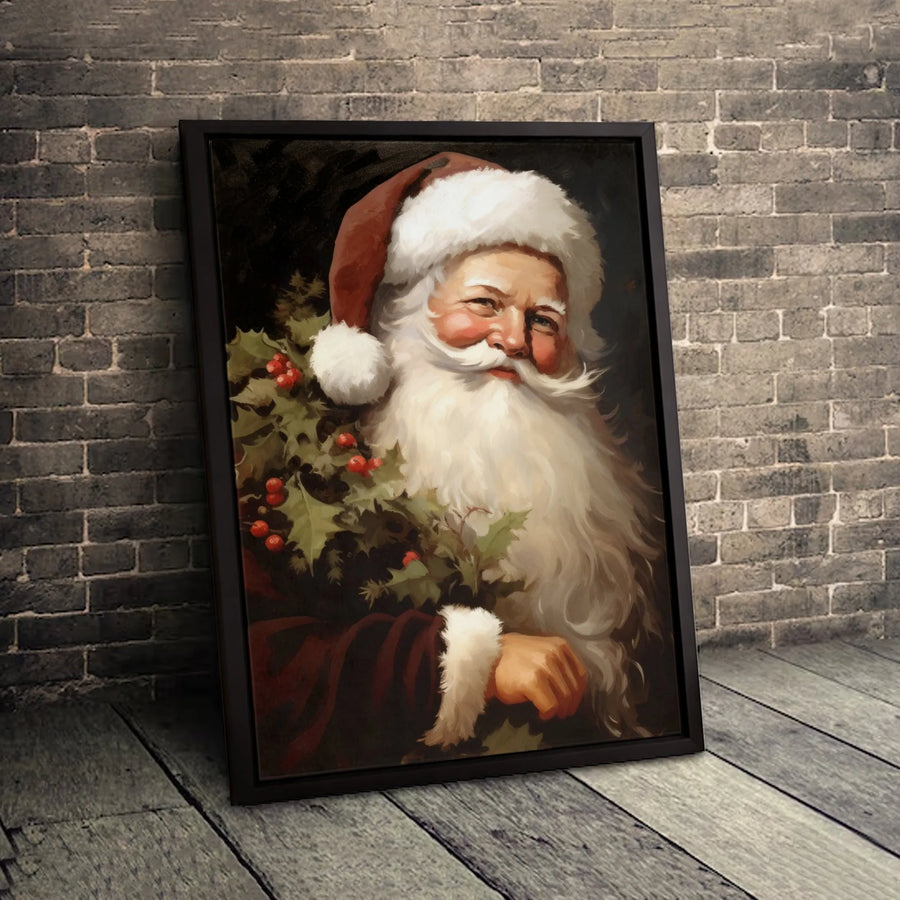 Vintage Santa Claus Wall Art | Classic Holly Christmas Portrait | Premium Fade-Resistant Canvas | Holiday Home Decor Gift