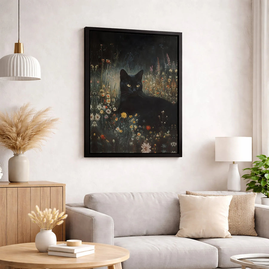 Black Cat Wall Art | Moody Wildflower Meadow Oil Painting | Gallery-Wrapped Premium Canvas | Whimsical Nature Lover Gift