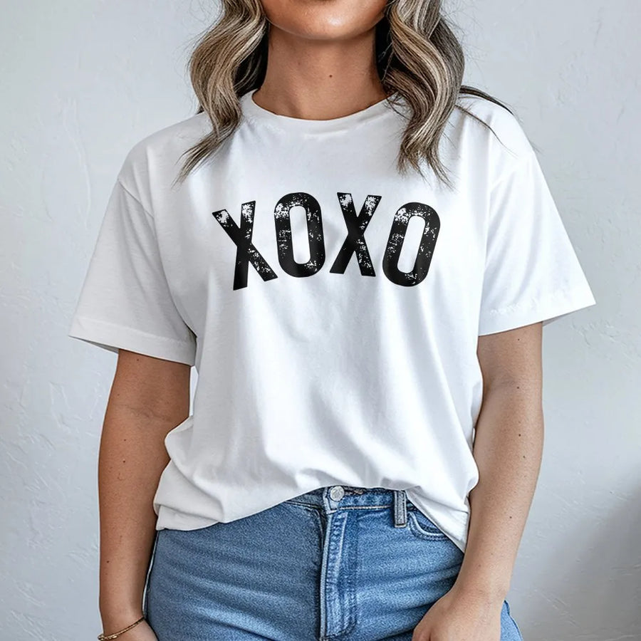 XOXO Valentine T-Shirt | Distressed Typography Graphic Tee | Premium Soft Cotton | Romantic Gift for Her or Galentine’s Day Party