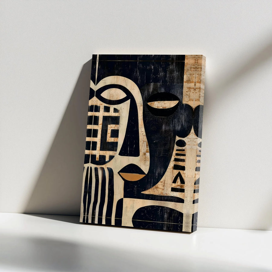 Abstract Tribal Mask Canvas Art | Modern Cubist Portrait with Geometric Lines | Premium Thick Gallery Wrapped Canvas | Modern Home & Office Decor Gift
