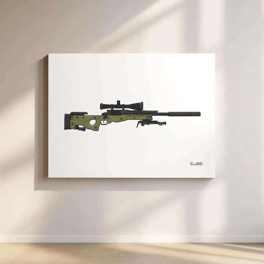 Sniper Rifle Canvas Wall Art | Tactical AWM Weapon Illustration | Premium Gallery Wrap Print | Man Cave Office Decor Gift