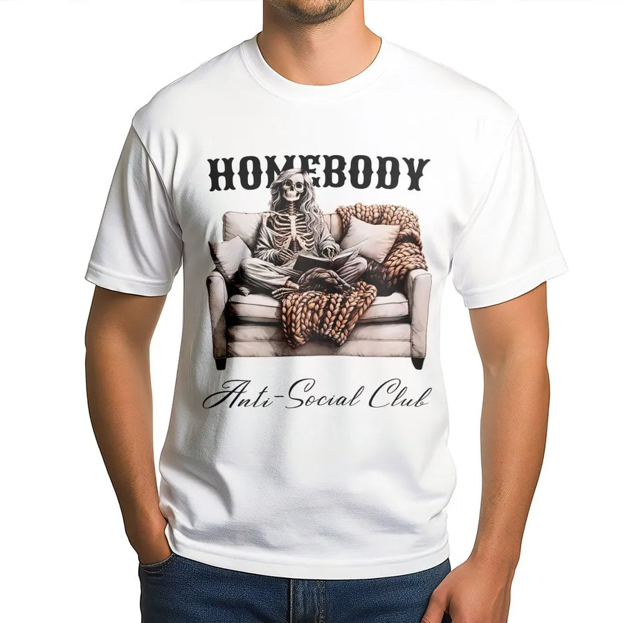Homebody Skeleton T-Shirt | Cozy Reading Book Lover Graphic | Premium Soft Cotton Tee | Funny Introvert Gift for Women and Men