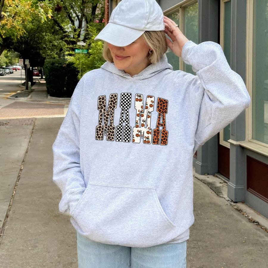Halloween Mama Hoodie | Pumpkin Leopard Checkerboard Print | Premium Cotton-Blend Pullover | Cute Spooky Season Gift for Mom