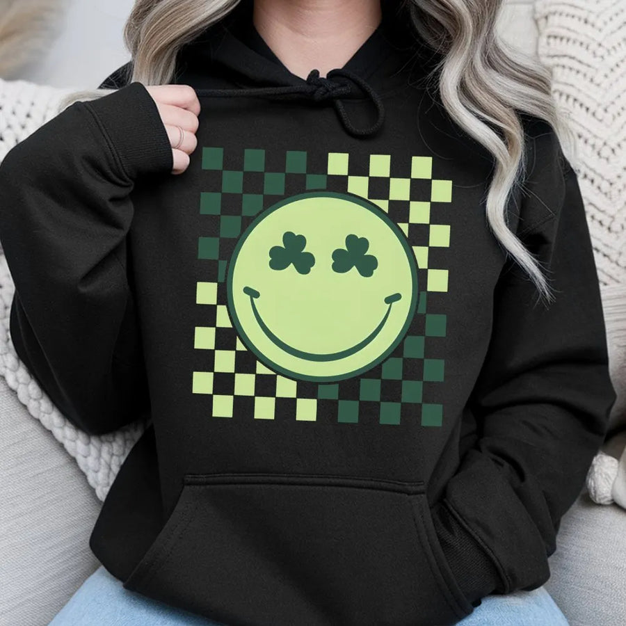 St. Patrick's Day Smiley Hoodie | Retro Shamrock Checkered Face Design | Premium Cotton Blend | Cute Irish Spring Gift for Women & Men