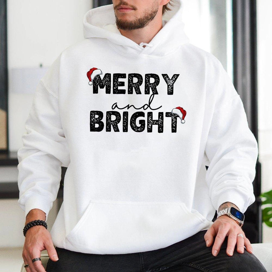 Merry and Bright Christmas Hoodie | Santa Hat Typography Graphic | Premium Cotton Blend | Matching Holiday Couple Sweatshirt Gift for Her Him