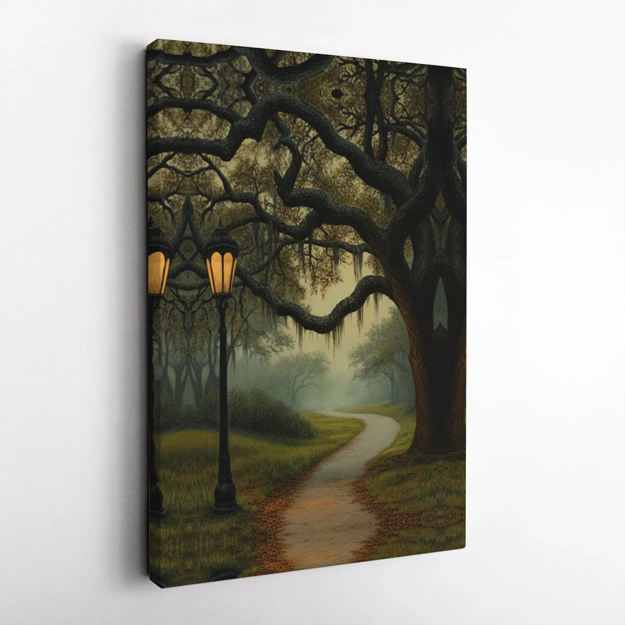 Misty Forest Path Canvas Wall Art | Oak Tree With Spanish Moss & Vintage Lamppost | Gallery Quality Framed Print | Moody Nature Home Decor Gift