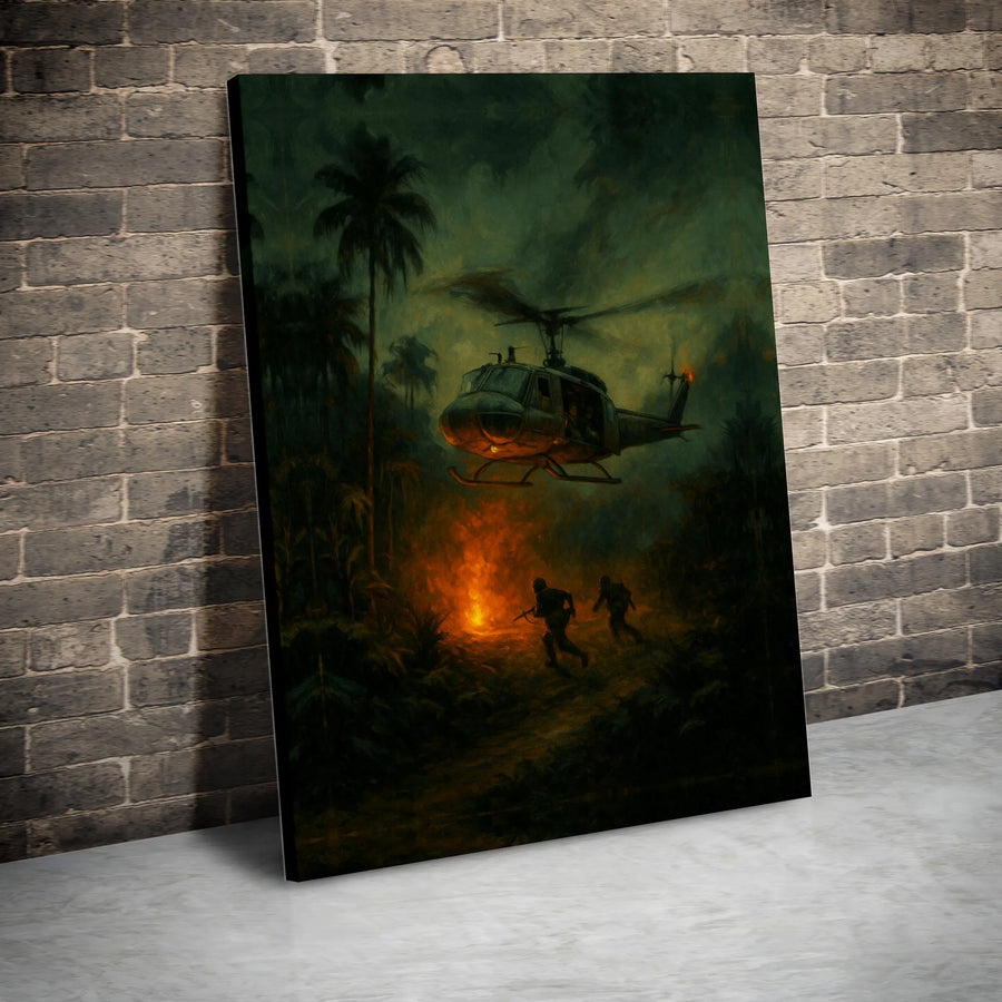 Vietnam War Helicopter Canvas Print | Huey Jungle Extraction Wall Art | Gallery-Wrapped Premium Decor | Military History Gift for Veterans