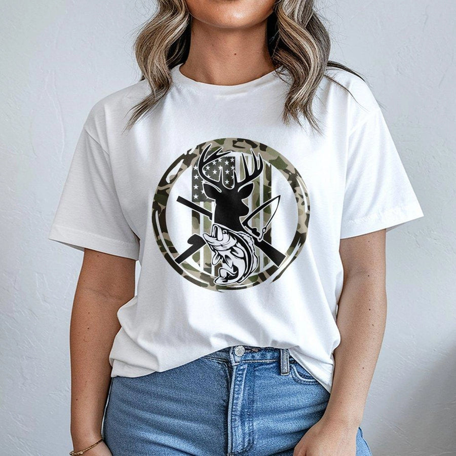 Hunting and Fishing T-Shirt | American Flag Deer Antler Graphic | Premium Cotton Outdoor Apparel | Patriotic Wildlife Gift for Outdoorsmen