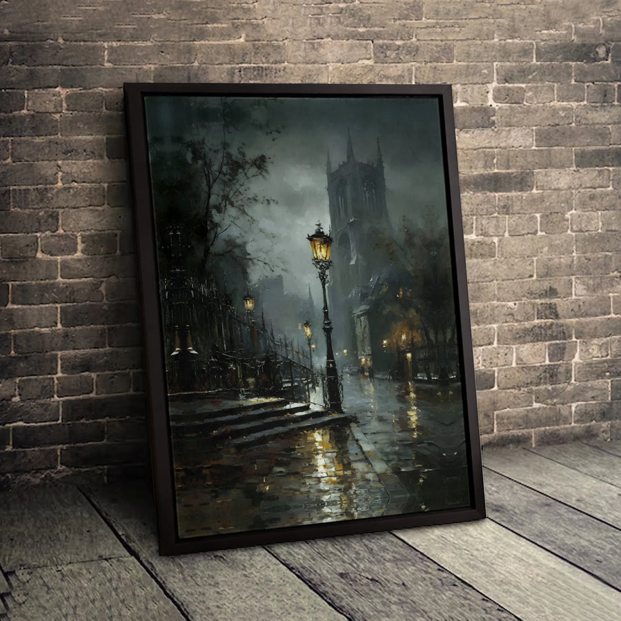 Gothic Cathedral Wall Art | Rainy Night Streetscape Print | Gallery-Quality 1.25-Inch Canvas | Moody Dark Academia Home Decor Gift