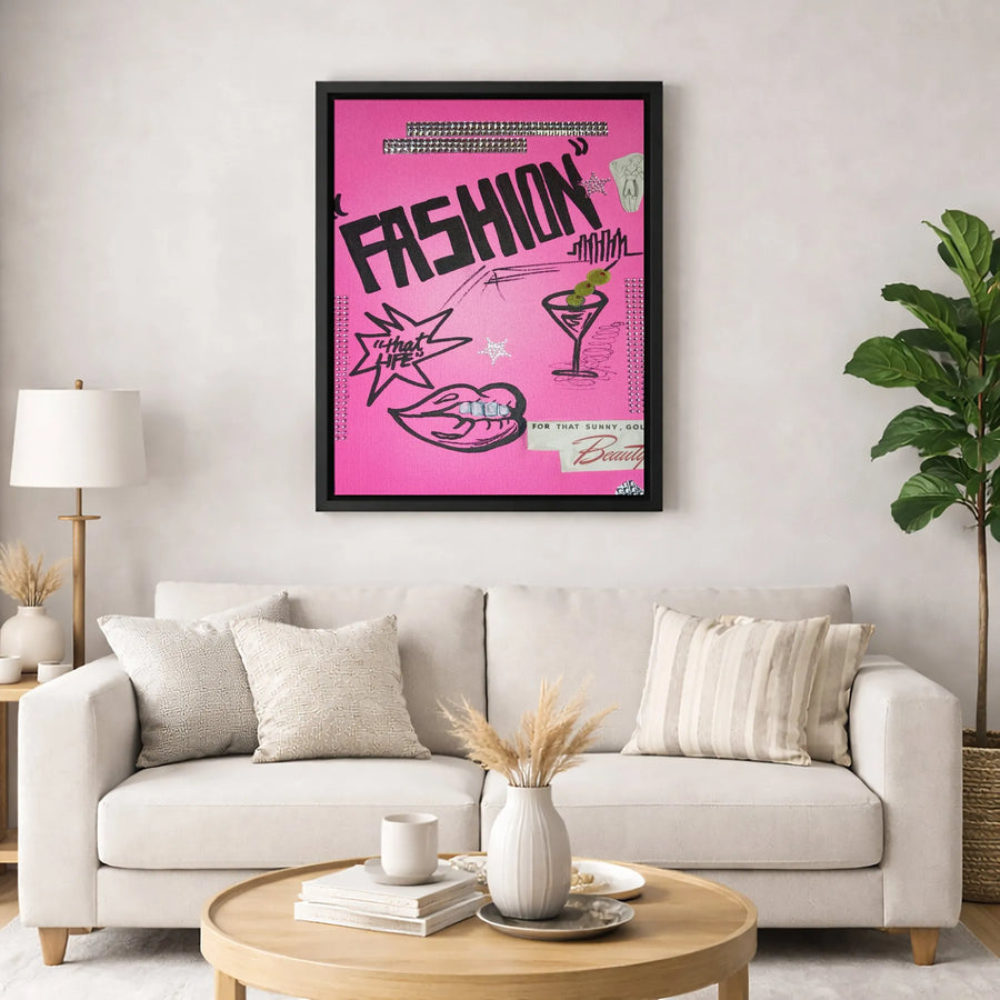 Fashion Wall Art Canvas | Pink Graffiti Collage with Martini & Rhinestones | Gallery-Quality 1.25" Profile | Chic Aesthetic Decor Gift for Her