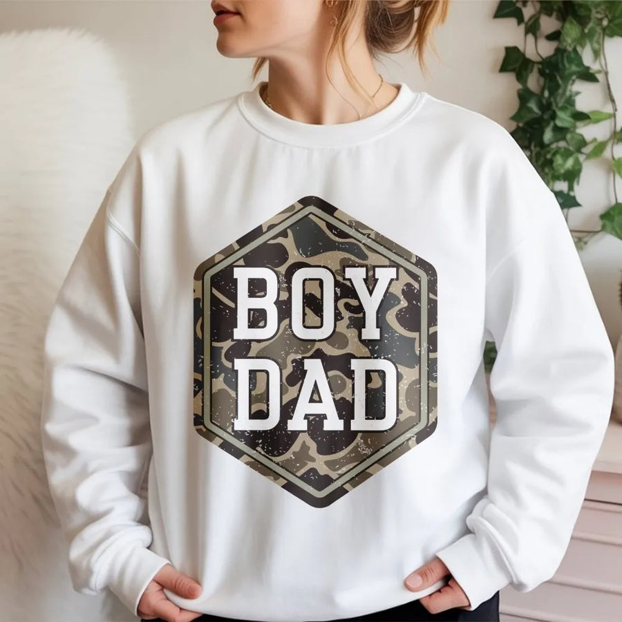 Boy Dad Camo Sweatshirt | Distressed Camouflage Graphic Tee | Premium Soft Cotton | Father's Day Gift for Husband