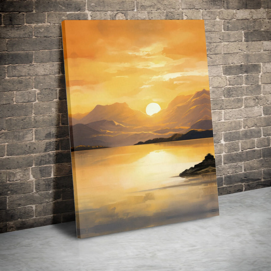 Mountain Sunset Canvas Wall Art | Golden Hour Mountain Lake Painting | Premium Gallery Wrapped Canvas | Modern Home & Office Decor Gift