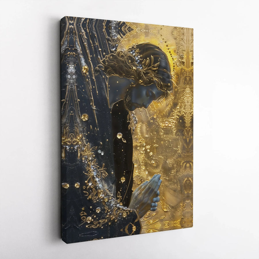 Praying Figure Canvas Art | Black And Gold Abstract Wall Decor | Premium Fade-Resistant Print | Spiritual Home Office Gift