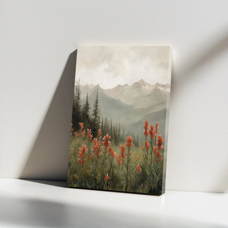 Mountain Wildflower Vertical Canvas | Vintage Landscape Painting with Red Flowers | Premium Frameless Gallery Canvas | Rustic Cabin Wall Decor Gift