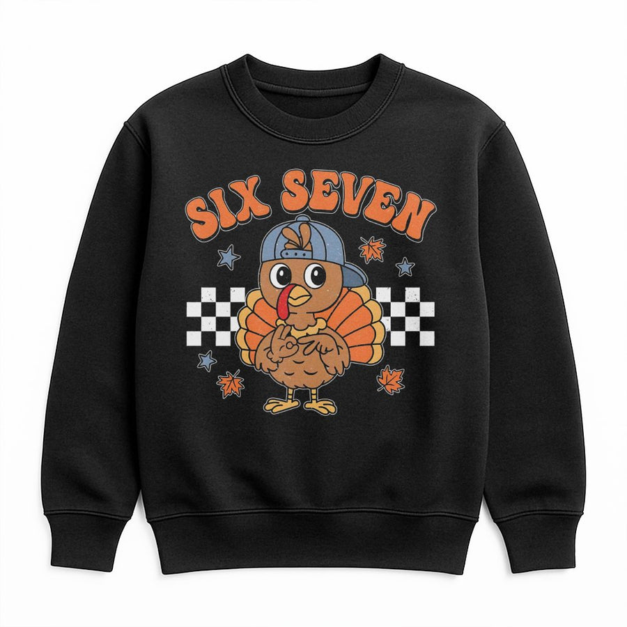 Six Seven Thanksgiving Turkey Sweatshirt | Retro Checkered Fall Graphic | Soft Cotton-Poly Blend | Cute Holiday Gift for Kids and Adults