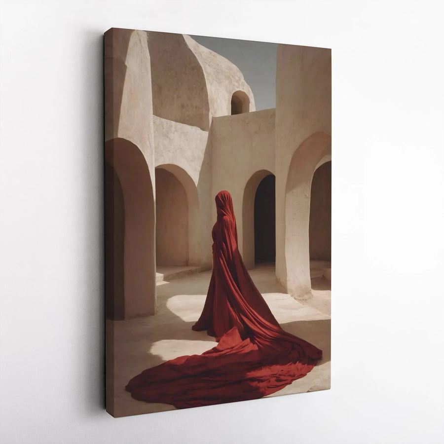 Mysterious Red Robe Vertical Canvas | Surreal Architectural Wall Art | Premium Gallery Wrap Canvas | Modern Minimalist Home Decor Gift