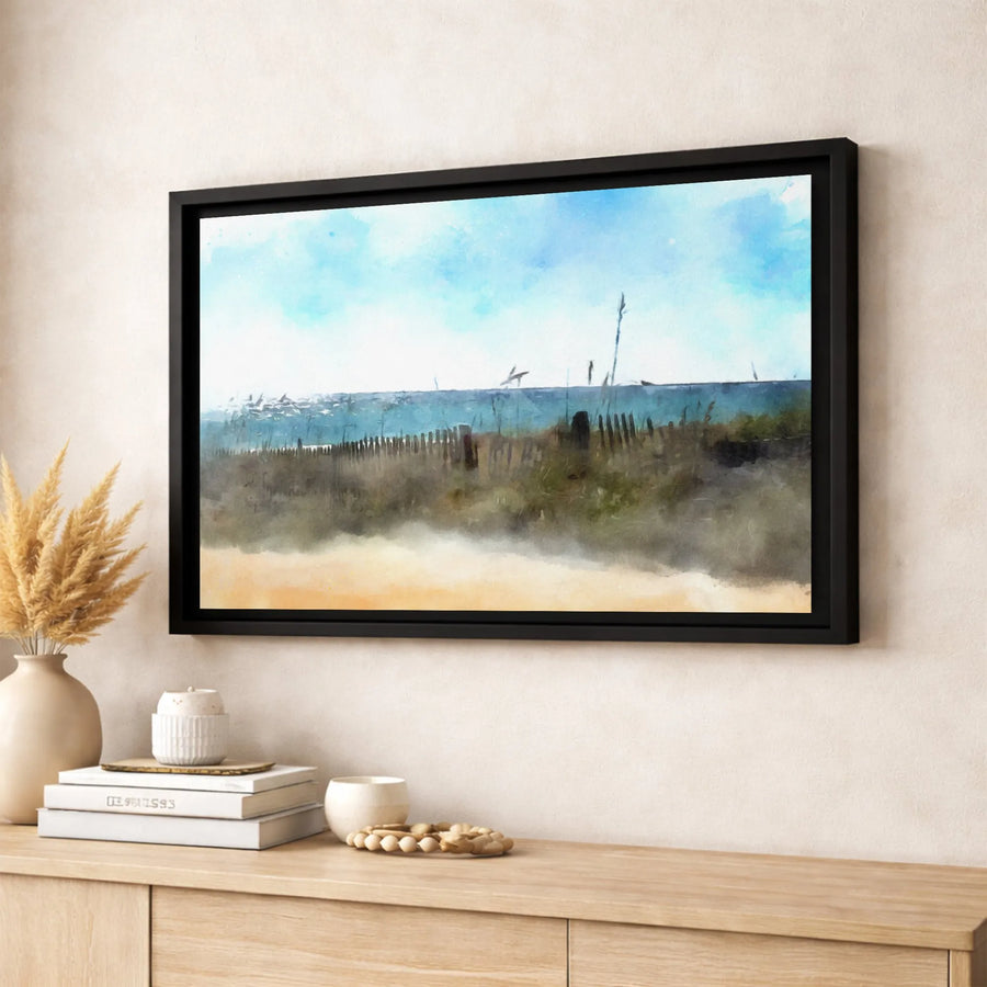 Coastal Beach Canvas Wall Art | Watercolor Sand Dunes and Ocean Fence | Premium 1.25-Inch Gallery Wrap | Serene Home Office Decor Gift