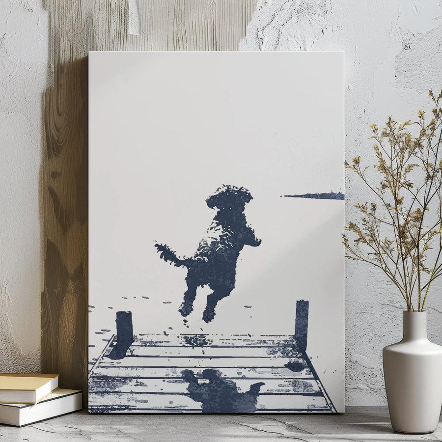 Dog Jumping Into Water Canvas Art | Minimalist Dock Silhouette Print | Premium 1.25" Gallery Wrap | Modern Pet Lover Home Decor Gift