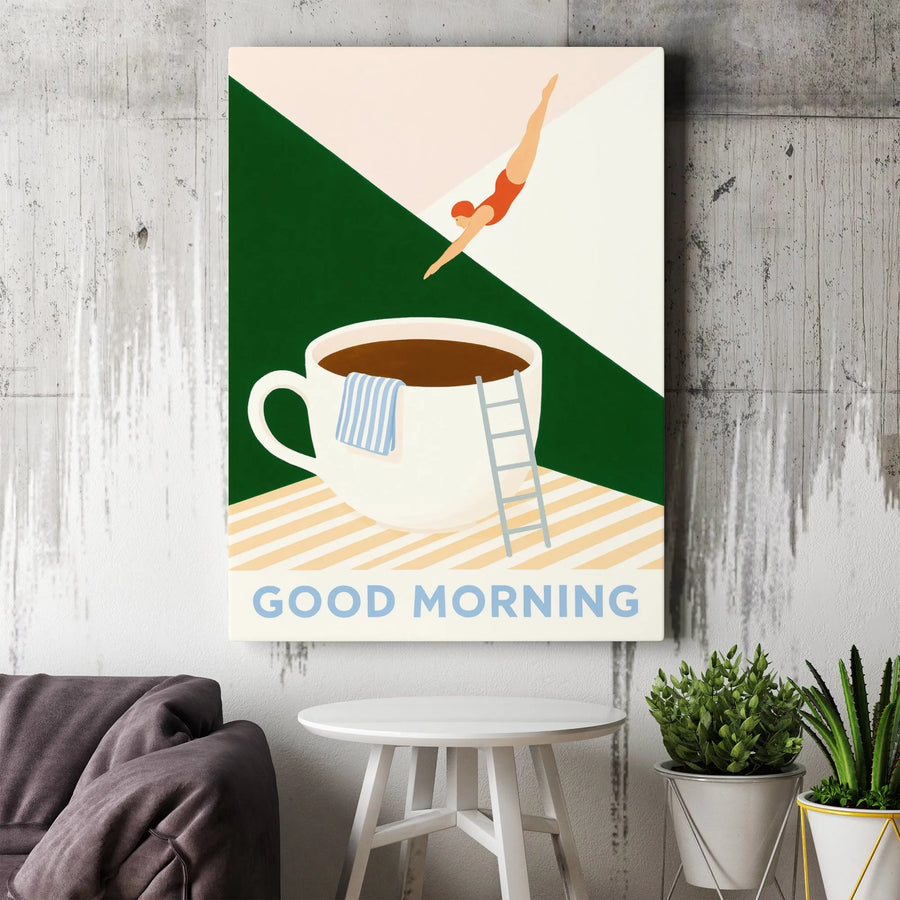 Good Morning Coffee Swimmer Canvas | Minimalist Diving Woman Illustration | Premium Gallery Wrapped Wall Art | Kitchen Decor Gift Idea