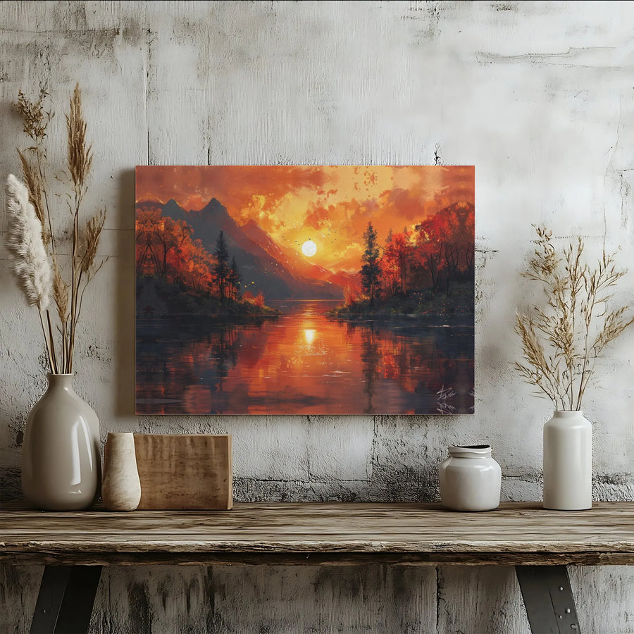 Autumn Mountain Lake Canvas Wall Art | Golden Sunset Forest Landscape | 1.25” Gallery Wrap Premium Print | Large Modern Home Decor Gift