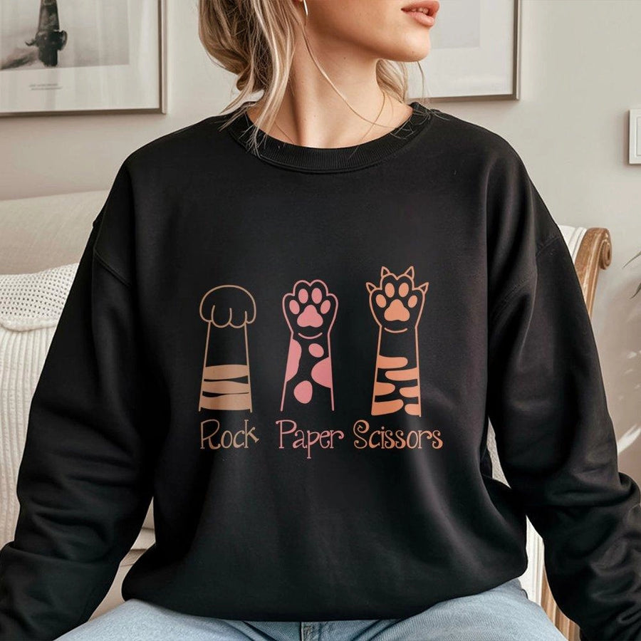 Rock Paper Scissors Cat Paw Sweatshirt | Cute Kitten Toe Bean Graphic | Premium Cotton Blend Crewneck | Funny Animal Lover Gift For Men And Women