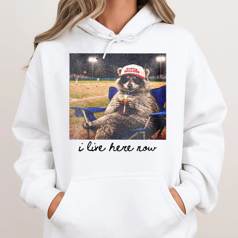 Funny Raccoon Baseball Mom Hoodie | I Live Here Now Vintage Ballpark Graphic | Premium Cotton Blend | Gift for Softball Mama