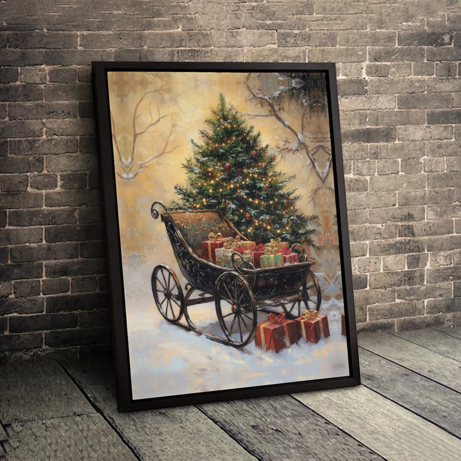 Vintage Christmas Sleigh Canvas Print | Snowy Tree And Presents Painting | 1.25-Inch Gallery Wrap | Holiday Wall Decor Gift