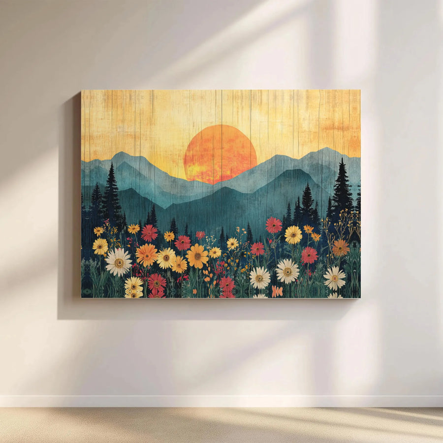 Mountain Sunset Canvas Art | Wildflower Meadow Landscape Print | Premium 1.25 Inch Gallery Wrap | Nature Wall Decor Gift for Home Office