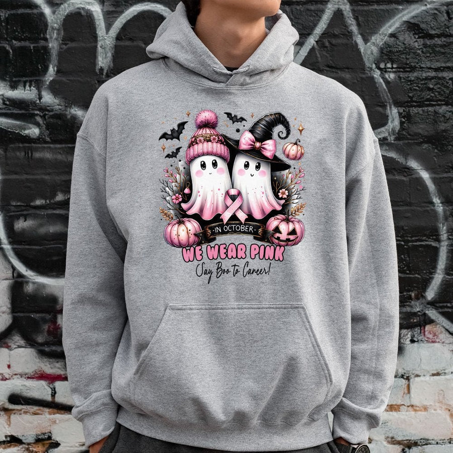 In October We Wear Pink Ghost Hoodie | Breast Cancer Awareness Halloween Gift | Soft Cotton-Blend Pullover | Unisex Cancer Survivor Support Sweatshirt