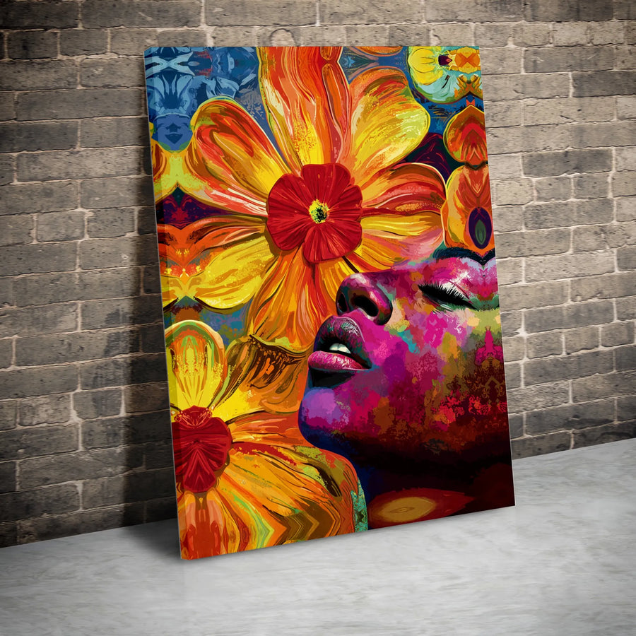 Abstract Black Woman Canvas Print | Vibrant Floral Portrait Art | Premium Gallery Wrapped Canvas | Modern Afrocentric Home Decor Gift for Her