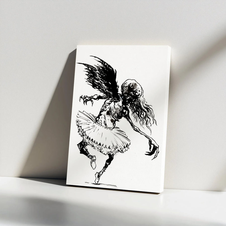 Dark Art Zombie Ballerina Canvas | Gothic Horror Winged Dancer Ink Sketch | Premium Gallery-Wrapped Wall Decor | Edgy Home Decor Gift