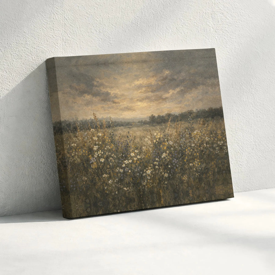 Vintage Wildflower Meadow Canvas Print | Moody Landscape Painting | Premium Gallery Wrapped Canvas | Farmhouse Living Room Decor Gift