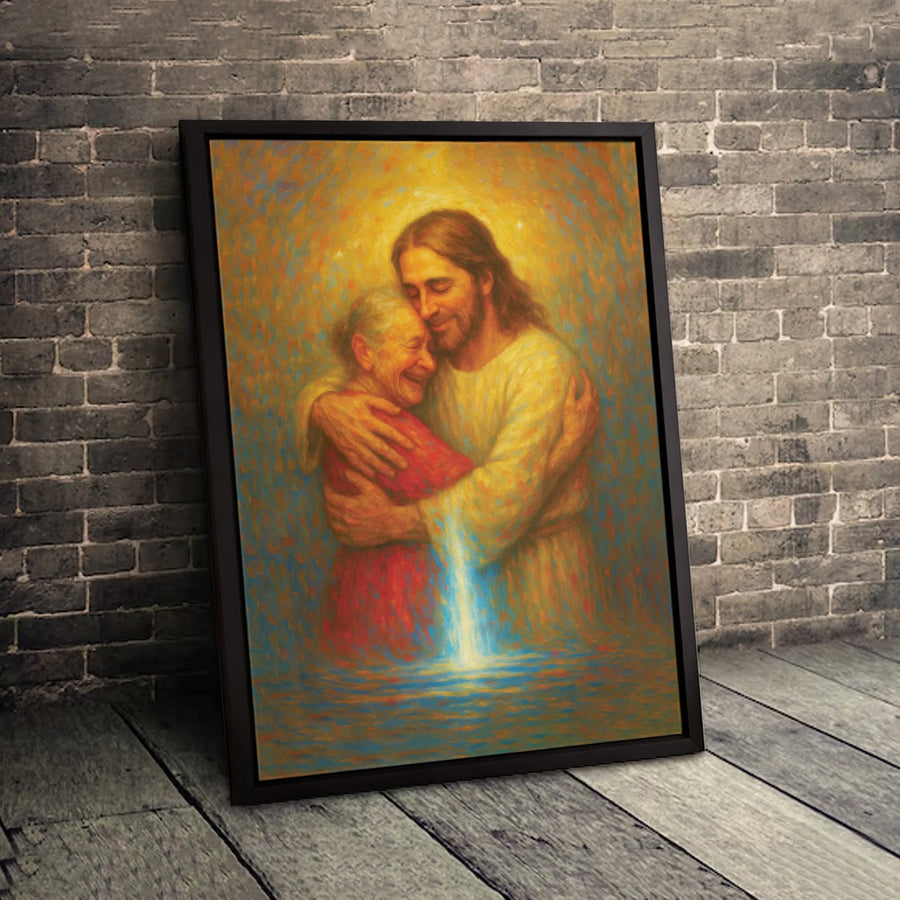 Jesus Hugging Elderly Woman Wall Art | Spiritual Comfort Canvas Print | Premium Gallery-Wrapped Decor | Religious Christian Home Gift