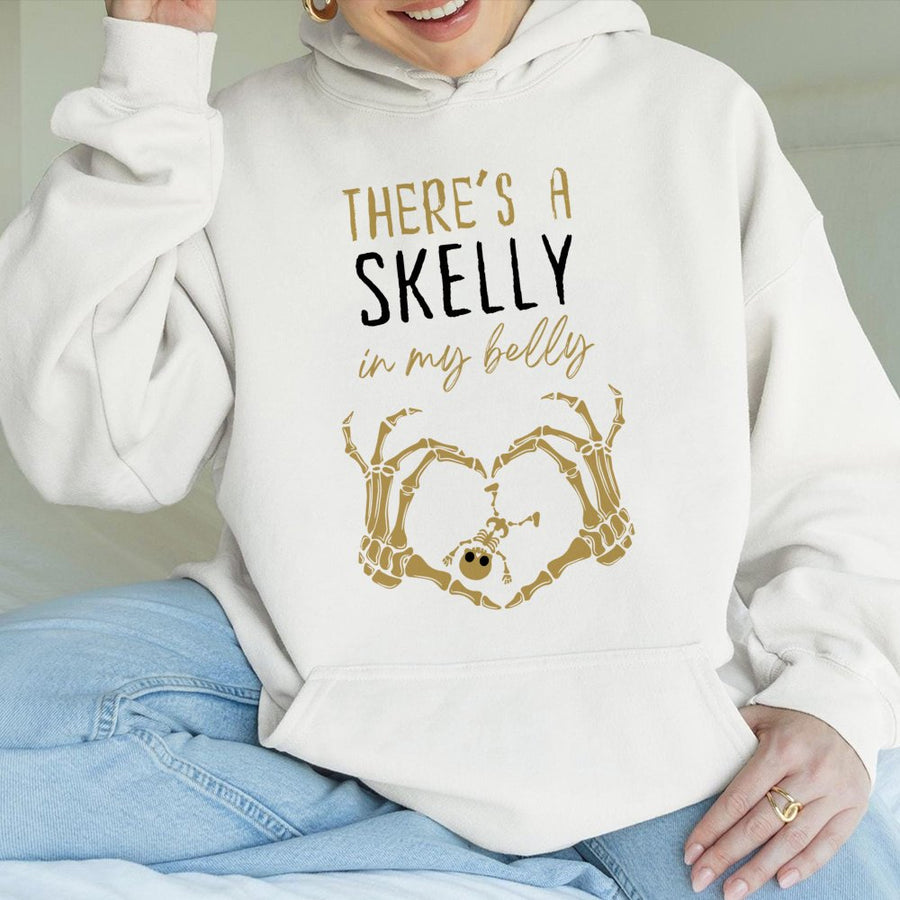 Halloween Pregnancy Hoodie | There's a Skelly in My Belly Design | Premium Cotton Blend | Funny Spooky Mom Announcement Gift for Expectant Mothers