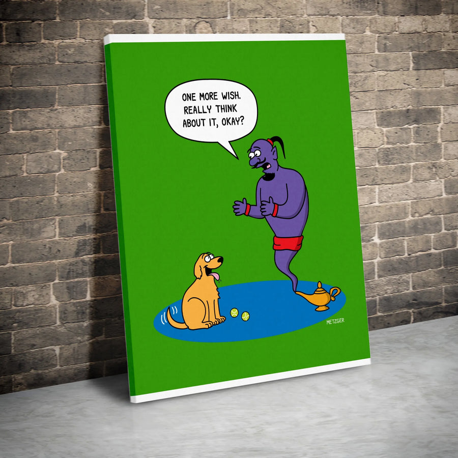 Funny Dog Cartoon Canvas Print | Genie Granting Wishes to Golden Retriever | Premium Gallery Wrapped Art | Humorous Gift for Dog Lovers