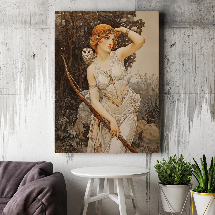 Art Nouveau Goddess Diana Canvas Print | Mythological Archer with Owl Wall Art | Premium Gallery Wrap Decor | Gift for Mythology Lovers