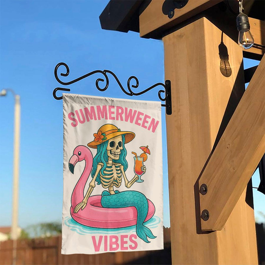 Summerween Garden Flag | Mermaid Skeleton Flamingo Pool Float | Weather-Resistant Polyester Yard Decor | Spooky Cute Summer Beach Party Gift