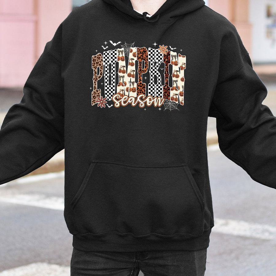 Pumpkin Season Hoodie | Leopard Print Checkered Fall Graphic | Premium Cotton Blend | Women's Autumn Thanksgiving Gift