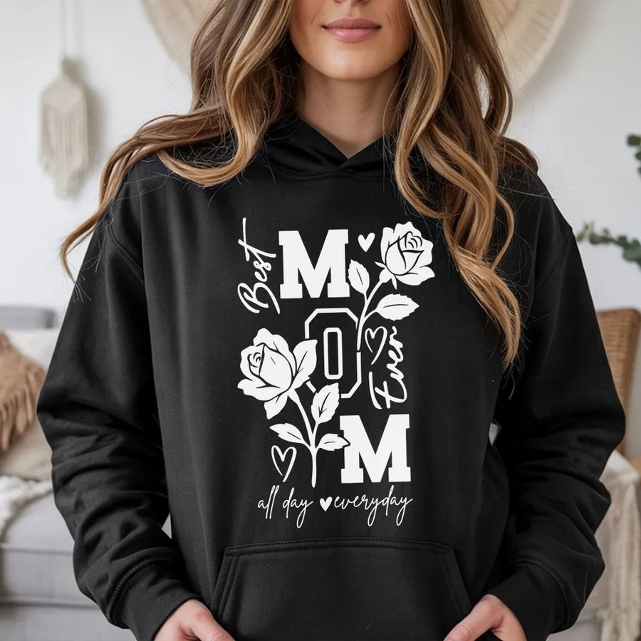 Best Mom Ever Hoodie | Floral Rose Vertical MOM Graphic | Premium 100% Cotton | Mother's Day Gift for Women