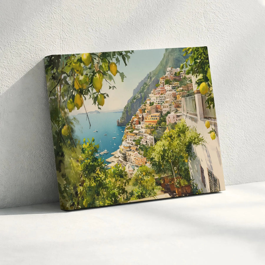 Positano Italy Canvas Wall Art | Watercolor Painting with Lemon Trees | Premium Fade-Resistant Print | Mediterranean Home Decor Gift